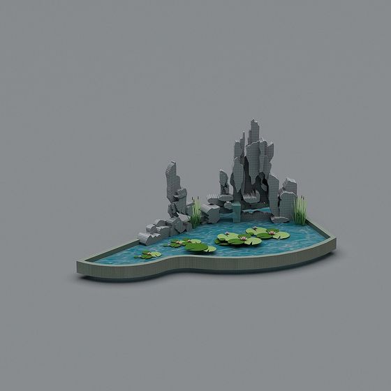Lakefront Fantasia Low-Poly Mountain 3D model