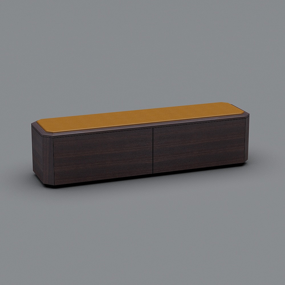 Modern dark wood cabinet with yellow fabric top on grey background