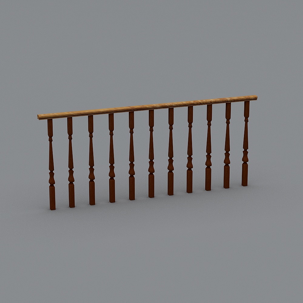 Traditional dark brown wooden staircase railing with light wood handrail and turned spindles on grey background