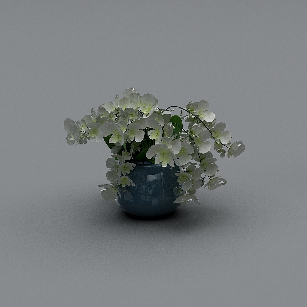 緑の花2本 青い花瓶