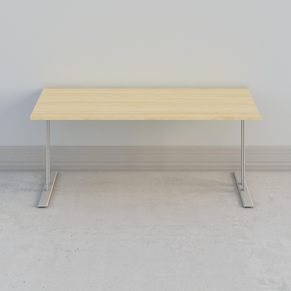 Modern light wood rectangular desk with silver metal legs on grey background
