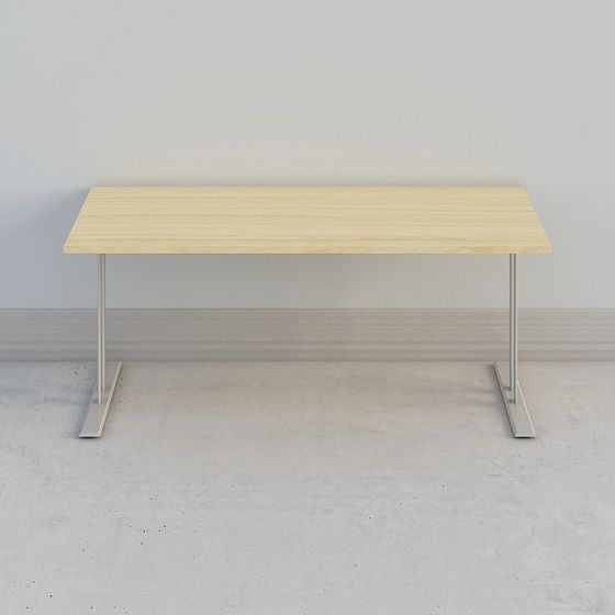 Modern light wood rectangular desk with silver metal legs on grey background