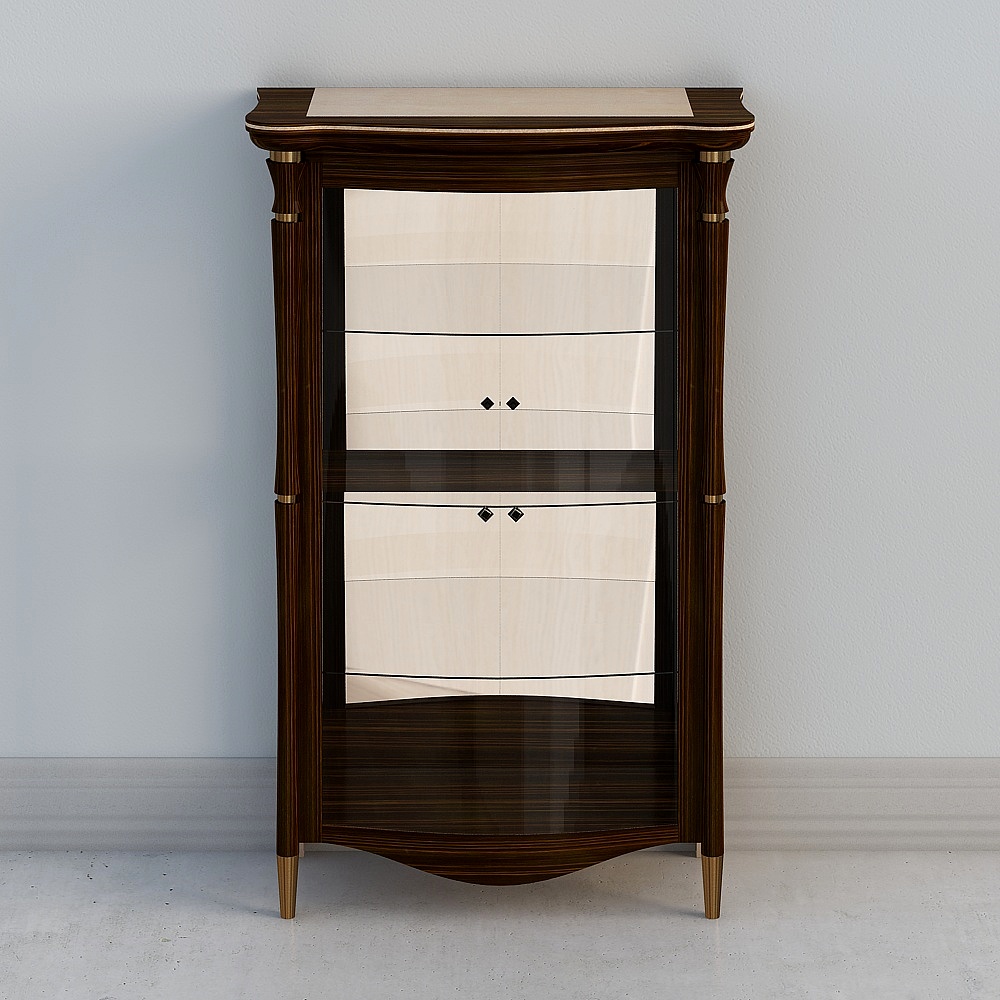 Tall dark wood display cabinet with glass doors and gold legs on grey background