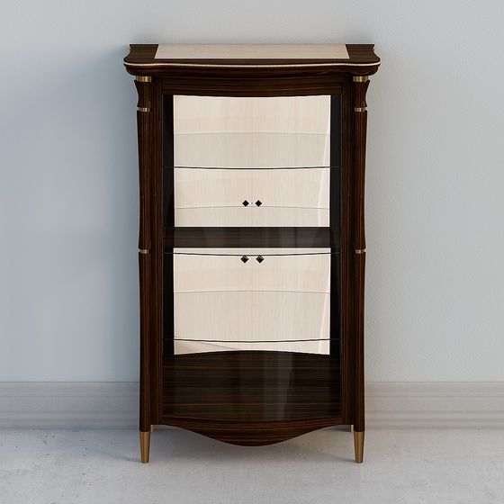 Tall dark wood display cabinet with glass doors and gold legs on grey background