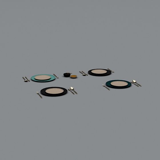 Four place settings with plates and silverware on grey background