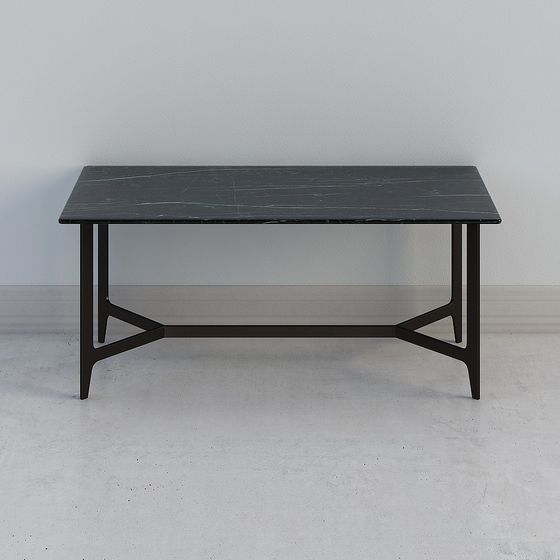 Modern rectangular black marble dining table with dark metal legs on grey background