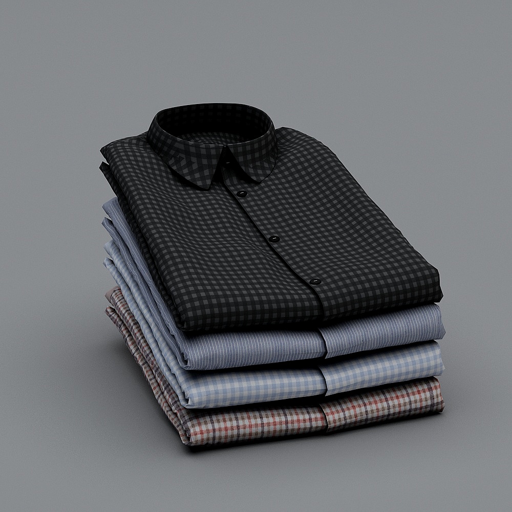 Stack of four folded shirts in black blue and red plaid patterns on grey background