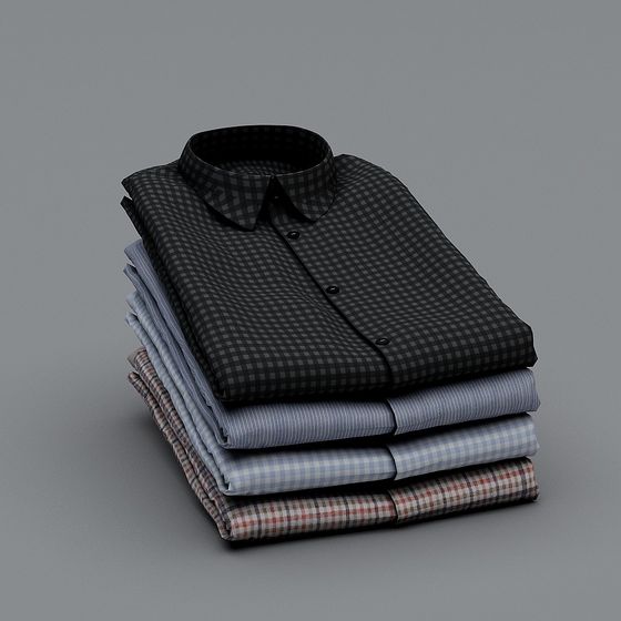 Stack of four folded shirts in black blue and red plaid patterns on grey background