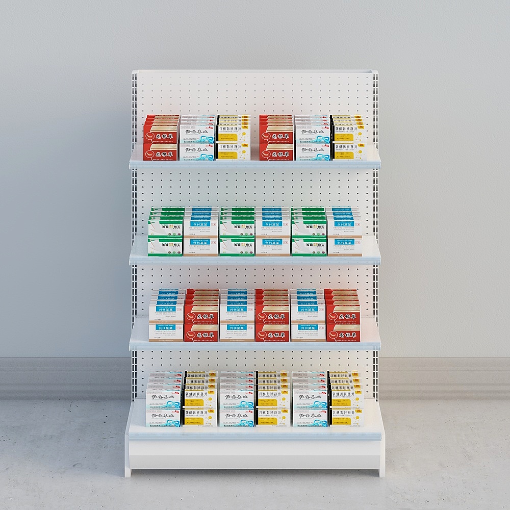 ชั้นวางแสดงสีขาวญี่ปุ่นแบบสองด้านสำหรับร้านขายยา