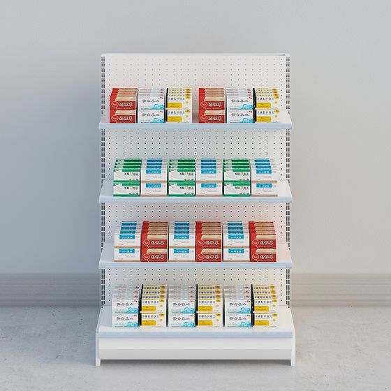 ชั้นวางแสดงสีขาวญี่ปุ่นแบบสองด้านสำหรับร้านขายยา