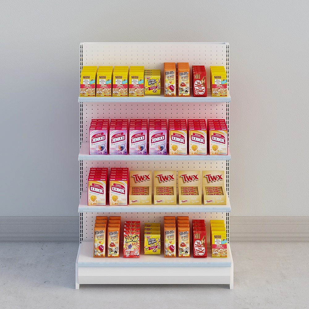 White retail display shelf with four levels holding colorful candy boxes on grey background
