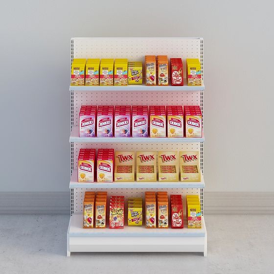 White retail display shelf with four levels holding colorful candy boxes on grey background