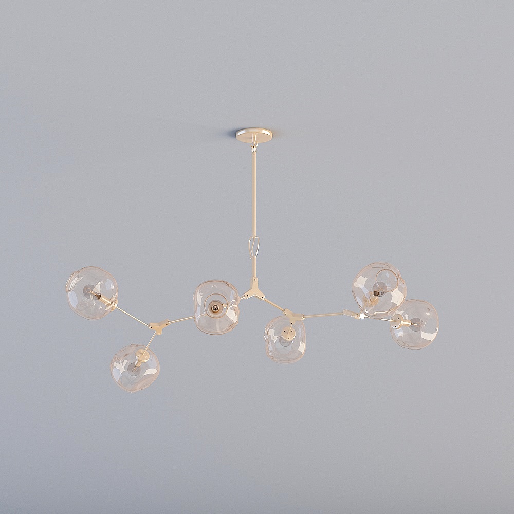 Modern gold metal ceiling light with six clear glass globes on grey background