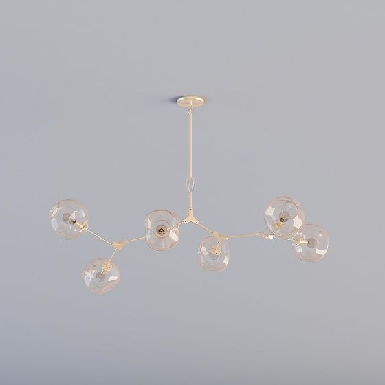 Modern gold metal ceiling light with six clear glass globes on grey background