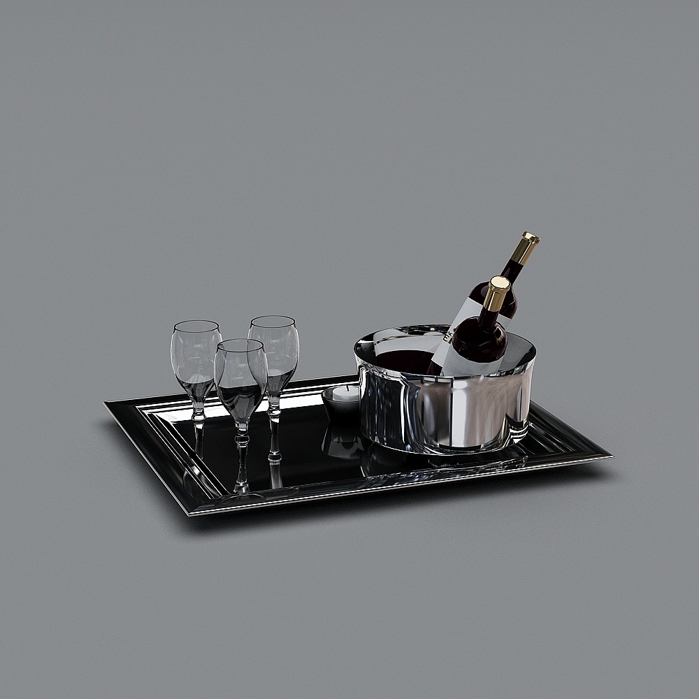 Black tray with wine bucket glasses and bottles on grey background