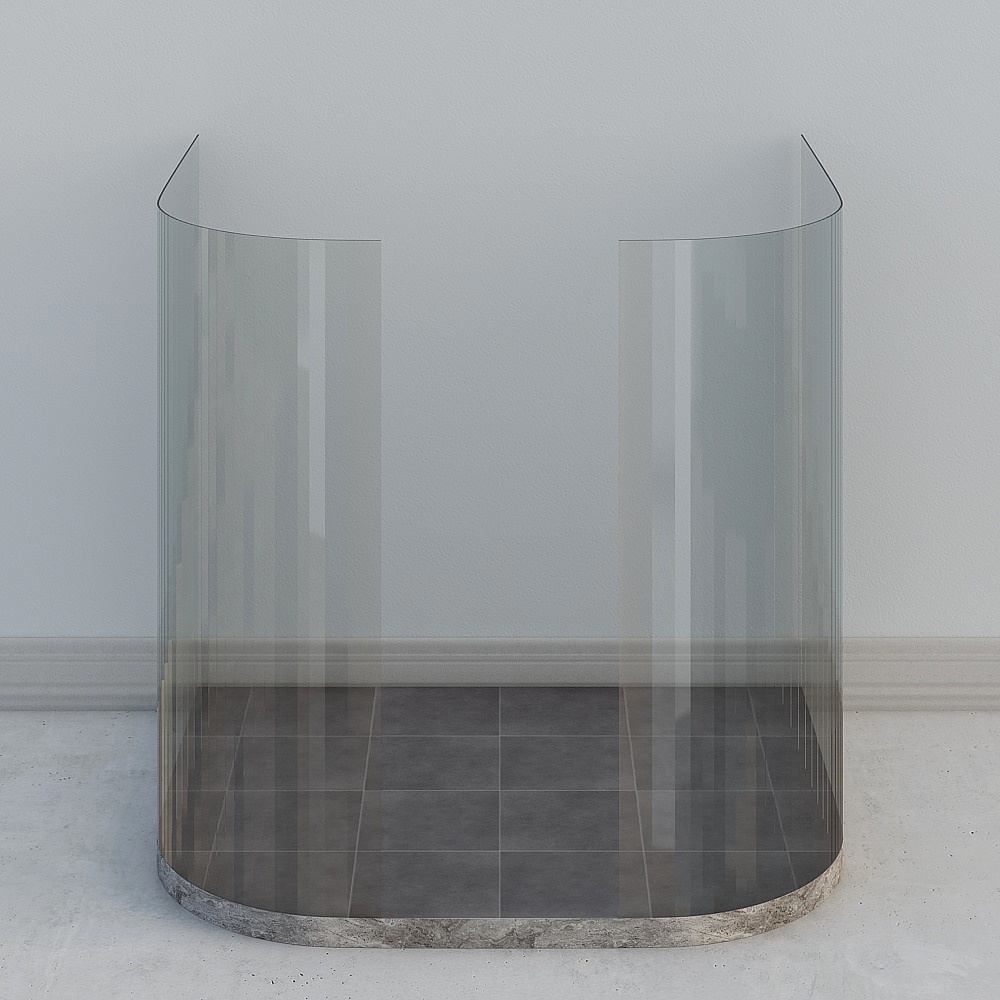 Curved clear glass shower screen with stone base on white background