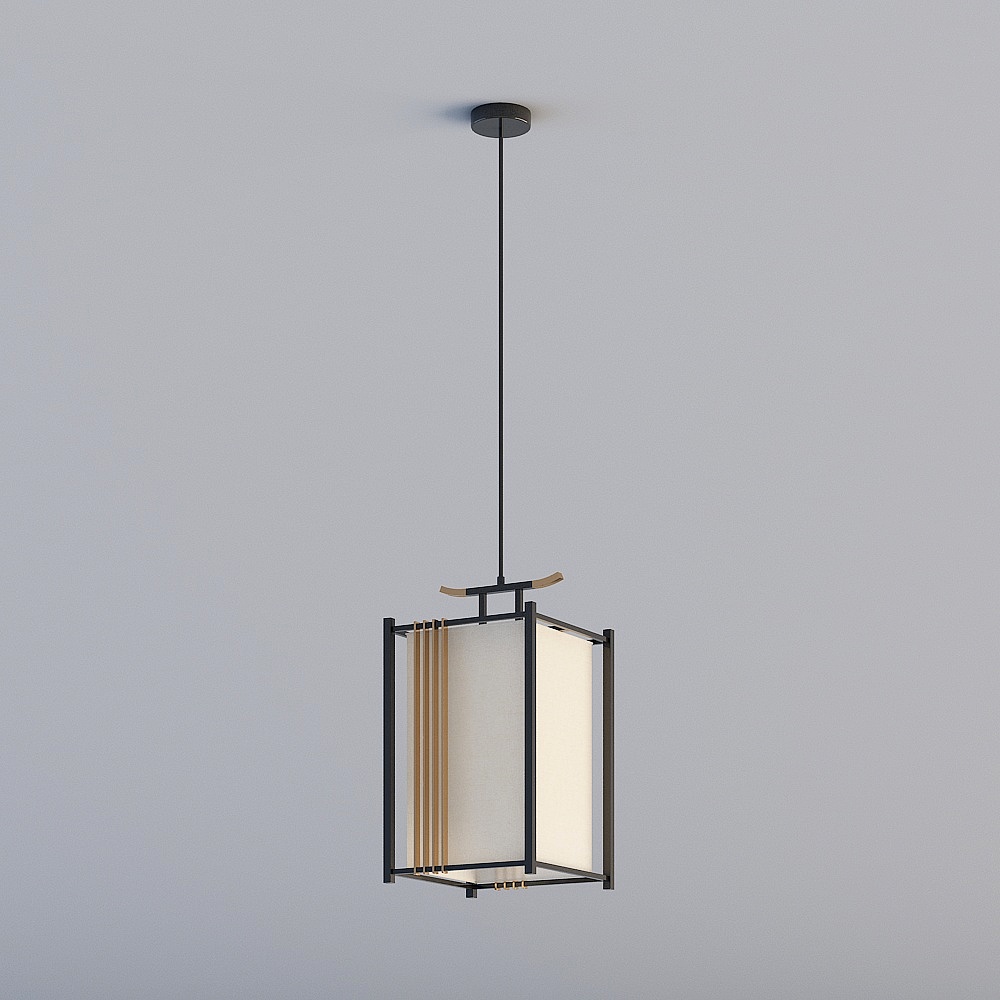 Modern black metal ceiling light with white shade and wooden accents on grey background