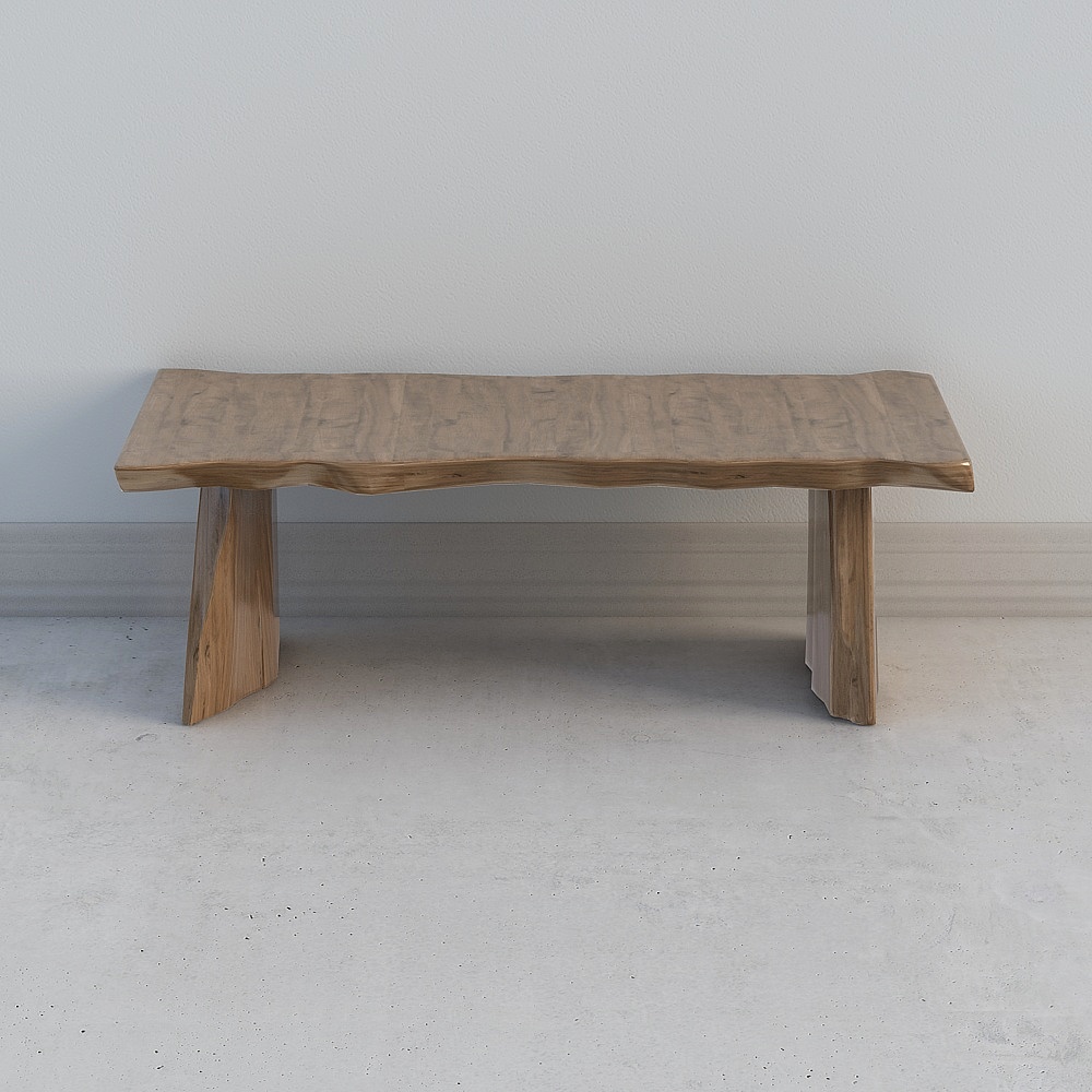 Modern light brown wooden bench with natural edges and thick legs on white background