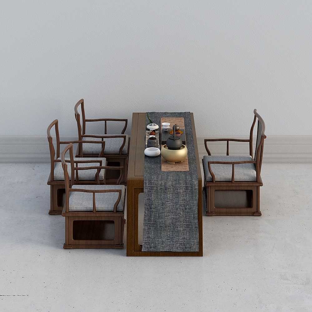 Traditional dark wood tea table set with grey cushions and teapot on white background