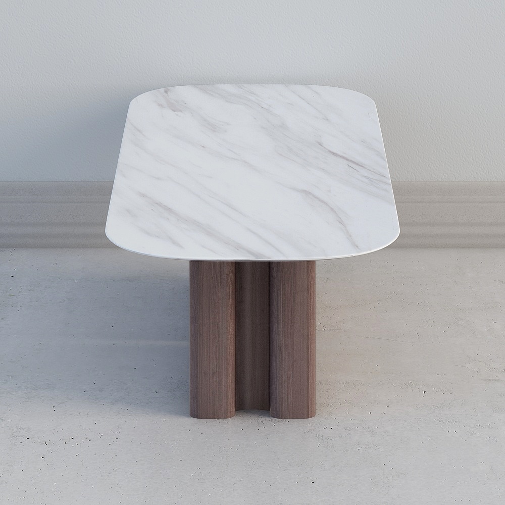 Modern white marble side table with three brown wooden legs on grey background