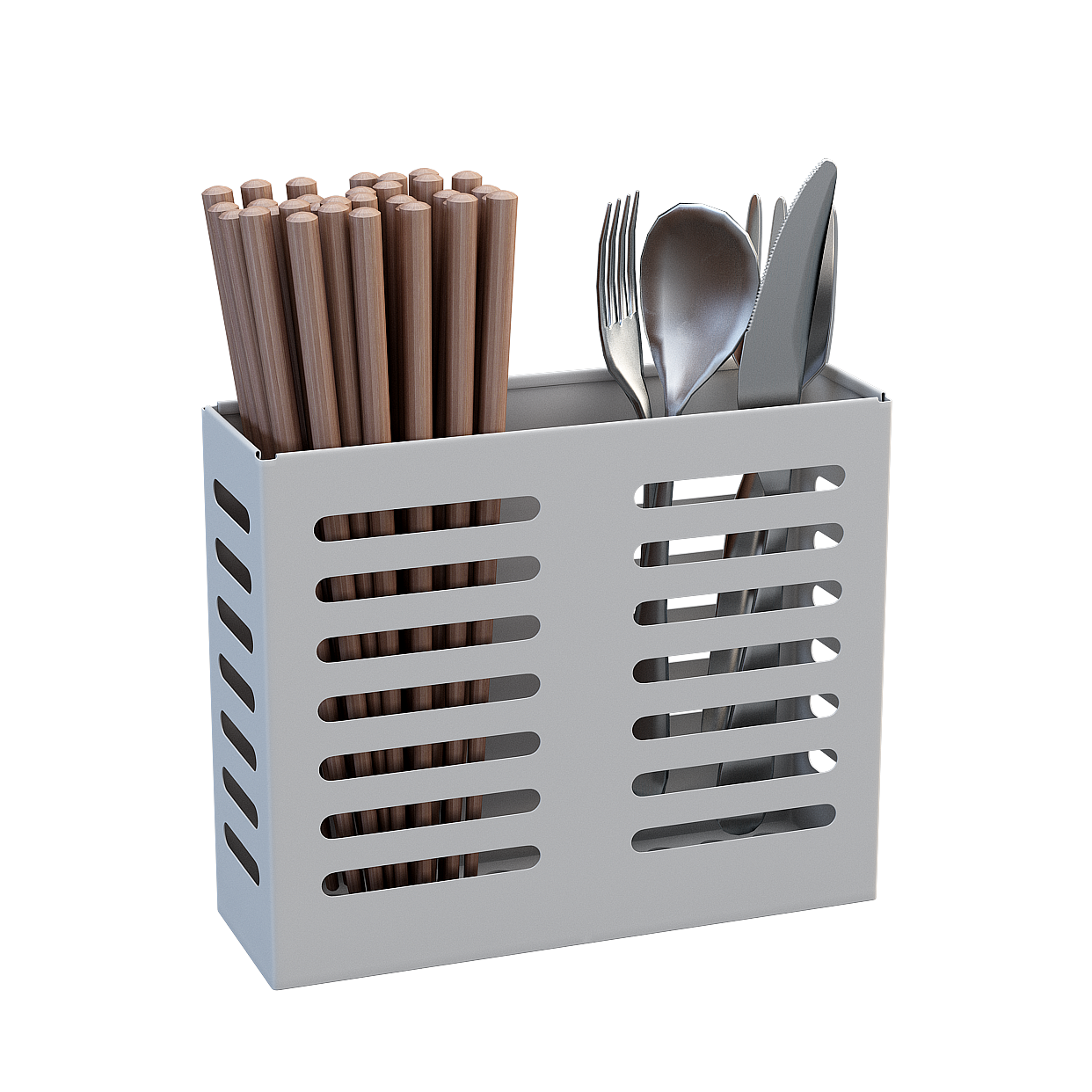 Minimalist Cutlery Storage Box 3D Model – Gray Metal Design