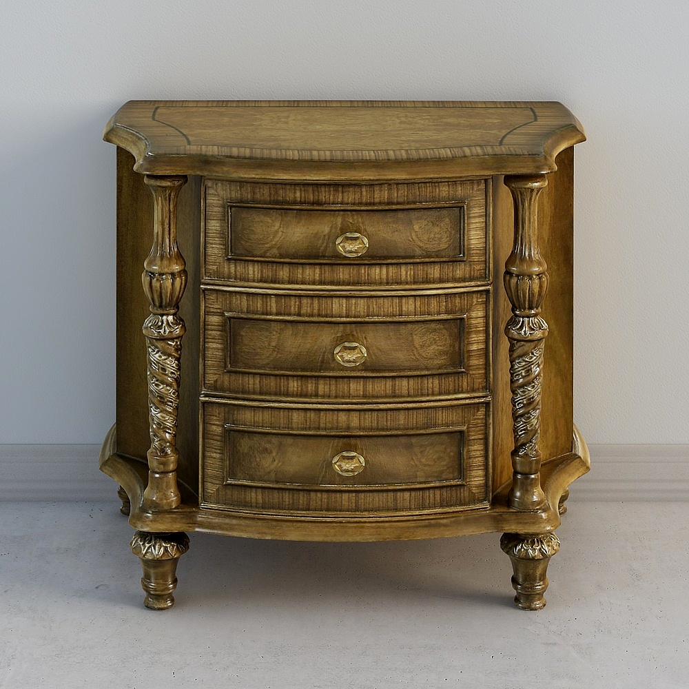 Classic brown wooden cabinet with three drawers and carved legs on white background