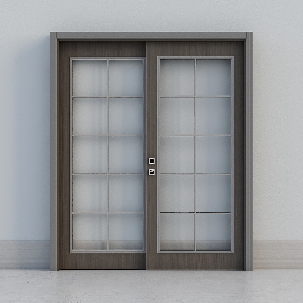 Modern grey sliding door with frosted glass panels and square silver handle on white background