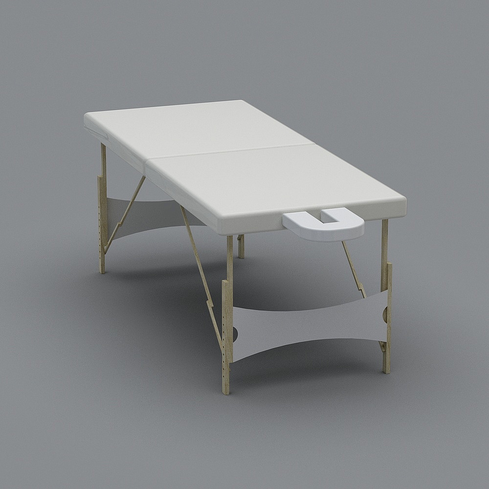 White padded massage table with wooden legs and face hole on grey background