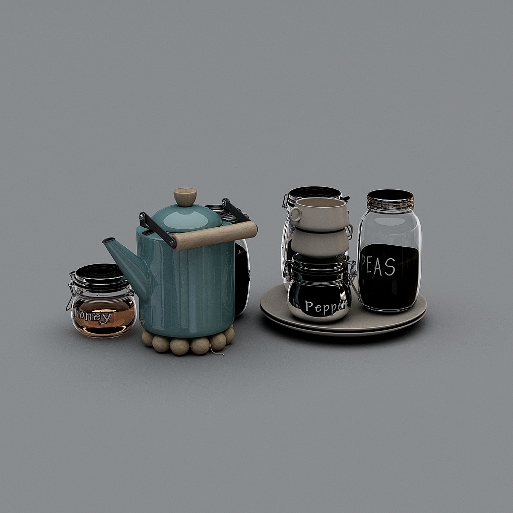 Blue metal kettle and glass jars with honey and pepper on grey background