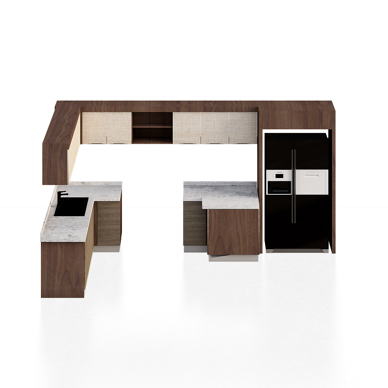 Modern L-Shaped Kitchen 3D Model – Wood & Marble Design