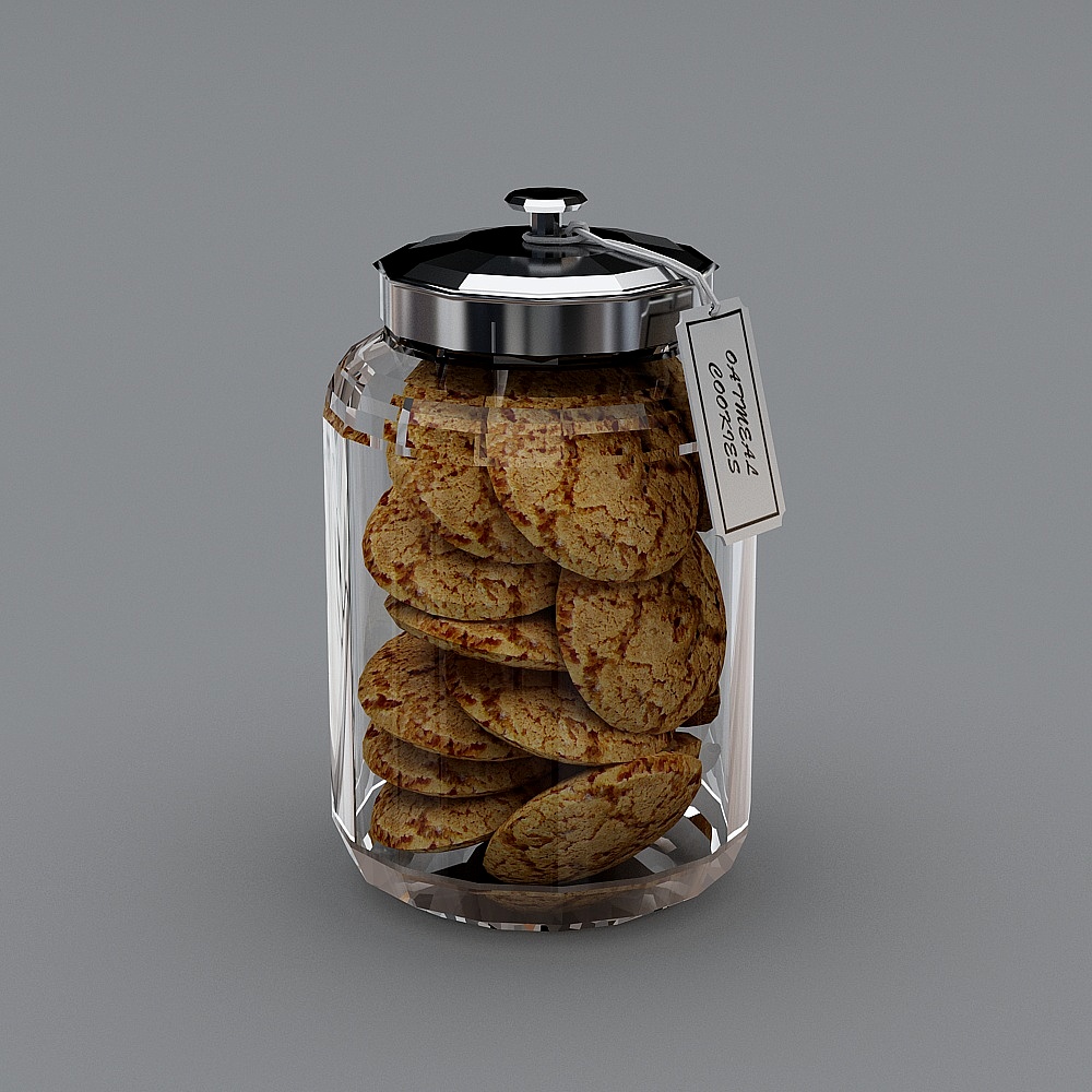 Clear glass jar filled with oatmeal cookies and black lid on grey background