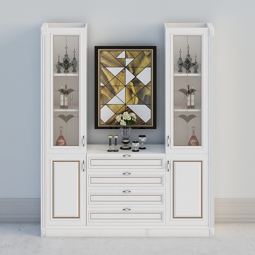 Classic white display cabinet with glass doors and drawers on grey background