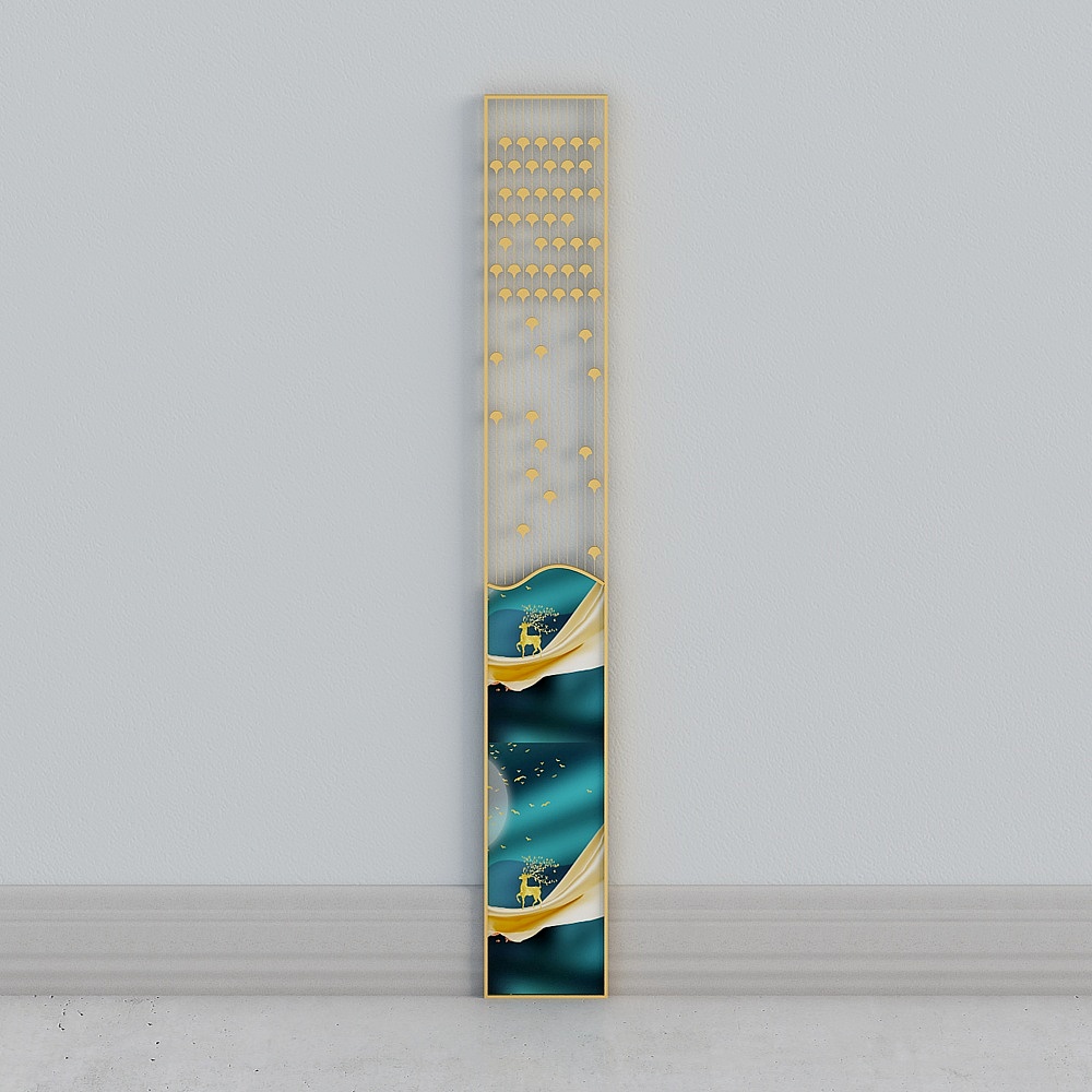 Tall decorative wall art with gold frame and blue green deer painting on grey background