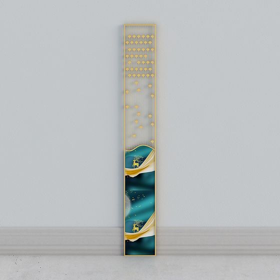Tall decorative wall art with gold frame and blue green deer painting on grey background