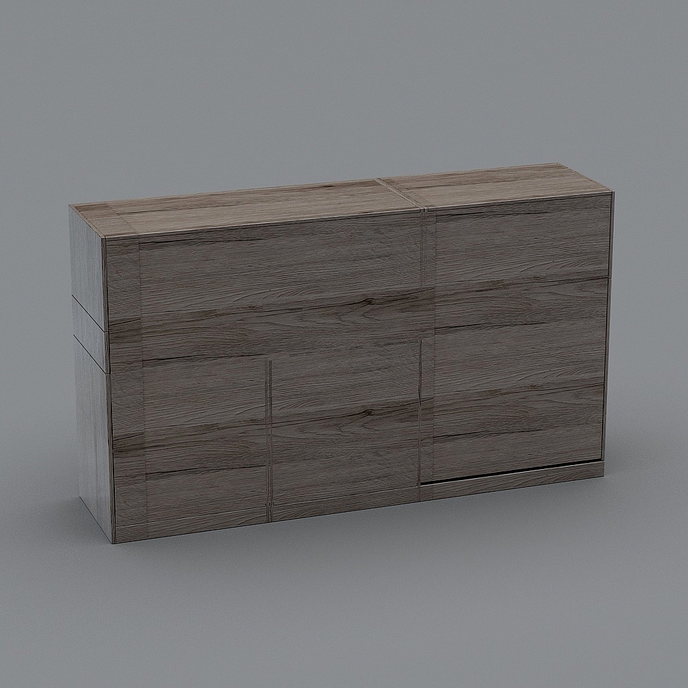 Modern grey wood cabinet with four doors and sleek design on grey background