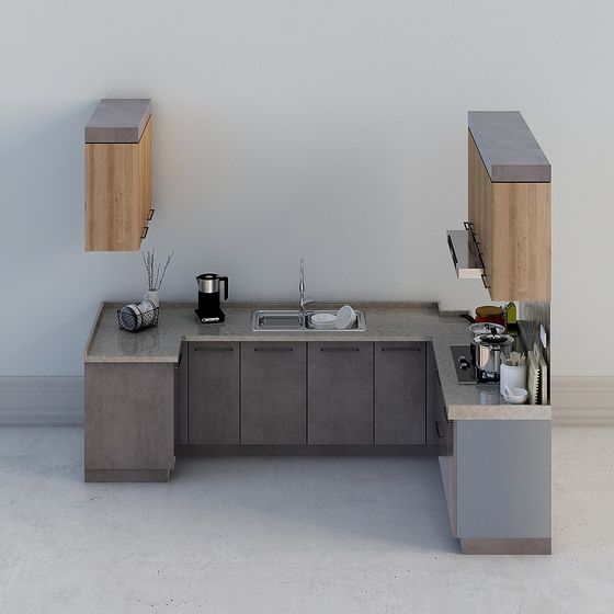 Gray Modern Kitchen Cabinet 3D Model for Contemporary Interiors