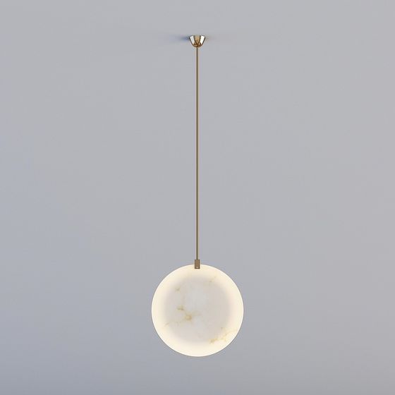 Modern white marble round ceiling light with gold metal rod on grey background