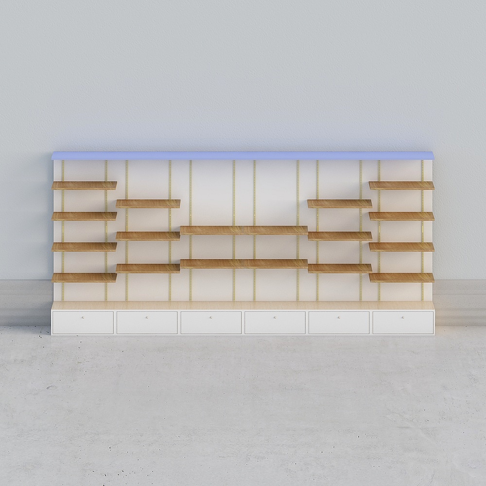 Modern wooden wall shelf unit with white base cabinets on grey background
