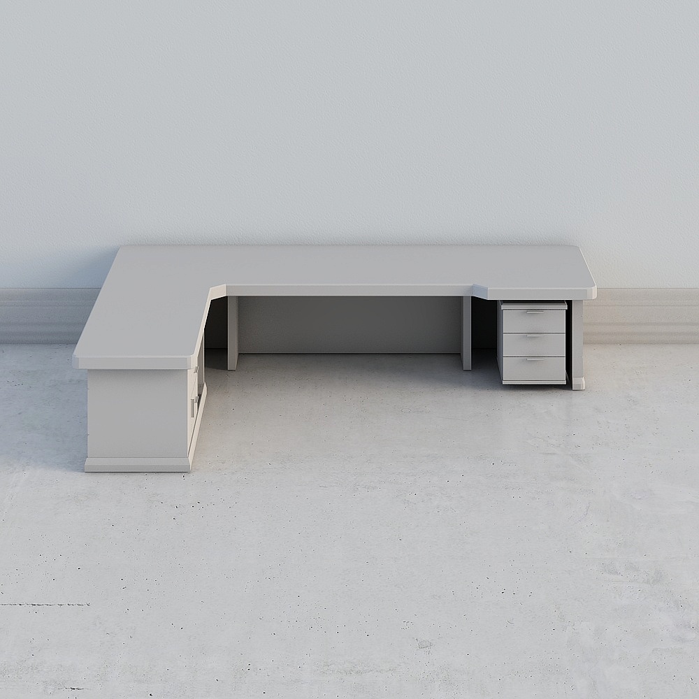 Modern white L shaped office desk with drawers on grey background