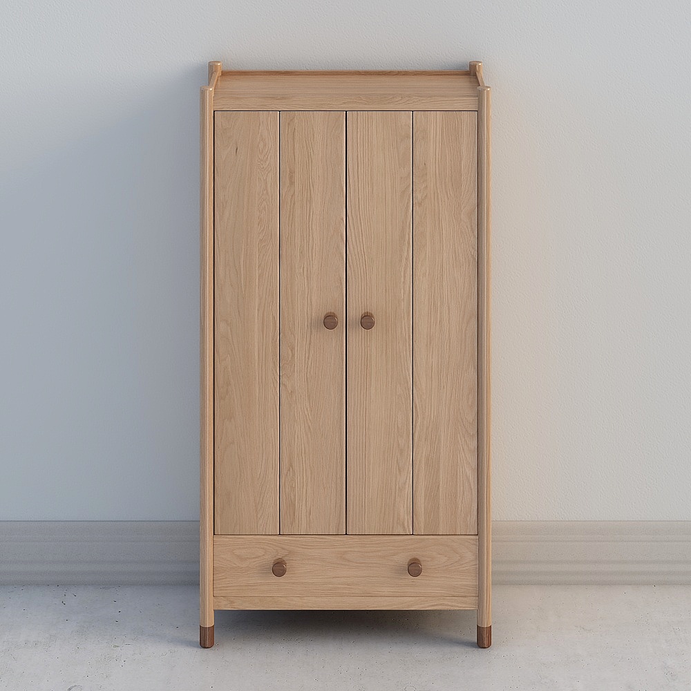Light oak wood wardrobe with two doors and one drawer on grey background