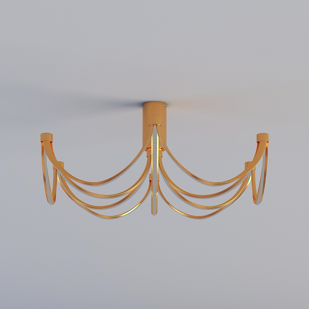 Modern gold metal ceiling light with curved arms and no bulbs on grey background