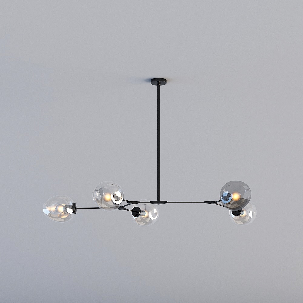 Modern black metal ceiling light with five round clear glass shades on grey background