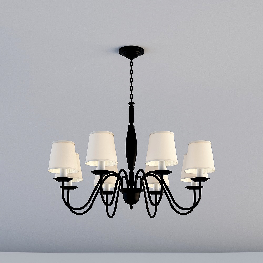 Classic black metal ceiling light with white fabric shades hanging on grey background