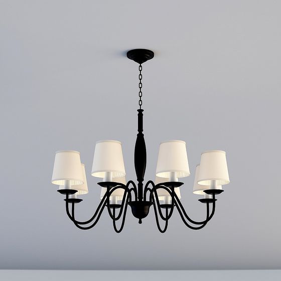 Classic black metal ceiling light with white fabric shades hanging on grey background