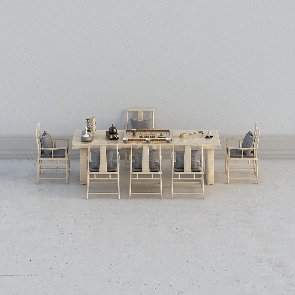 Light wood dining table with grey cushion chairs and tea set on grey background