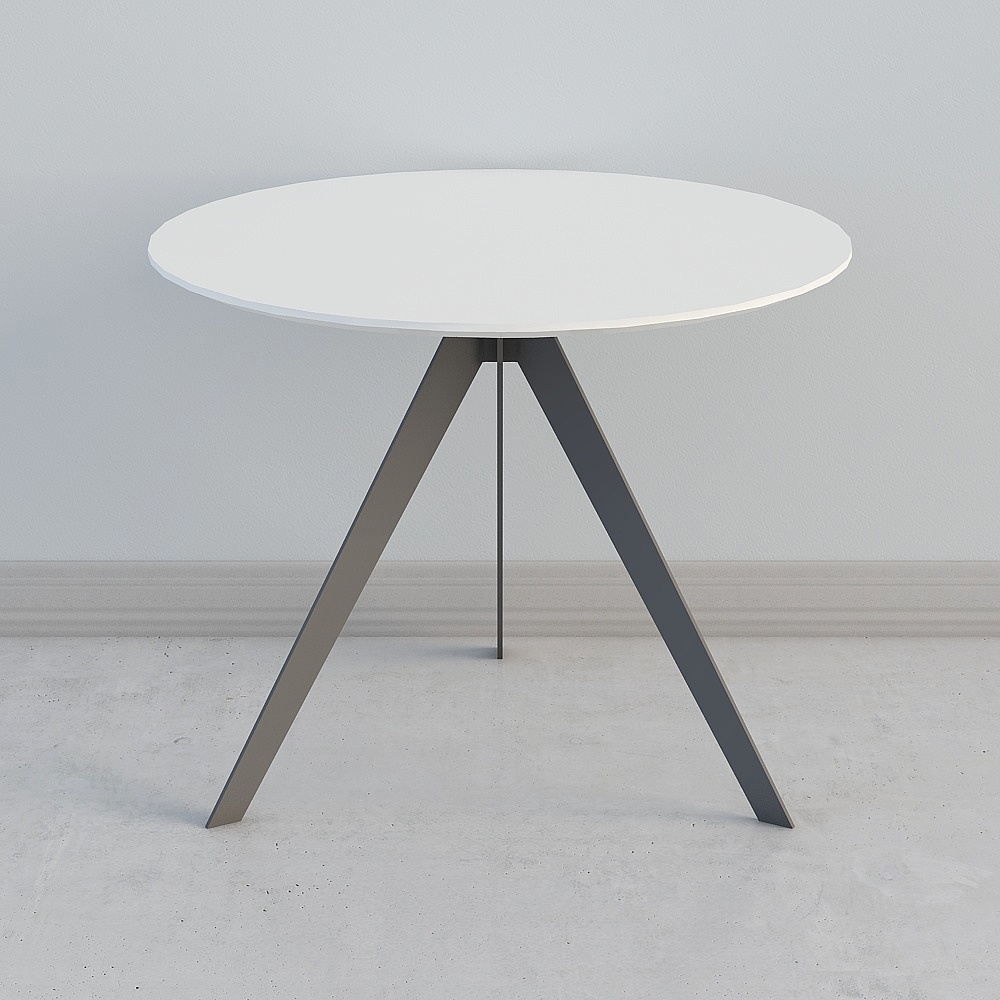 Modern round white dining table with grey metal tripod legs on light grey background