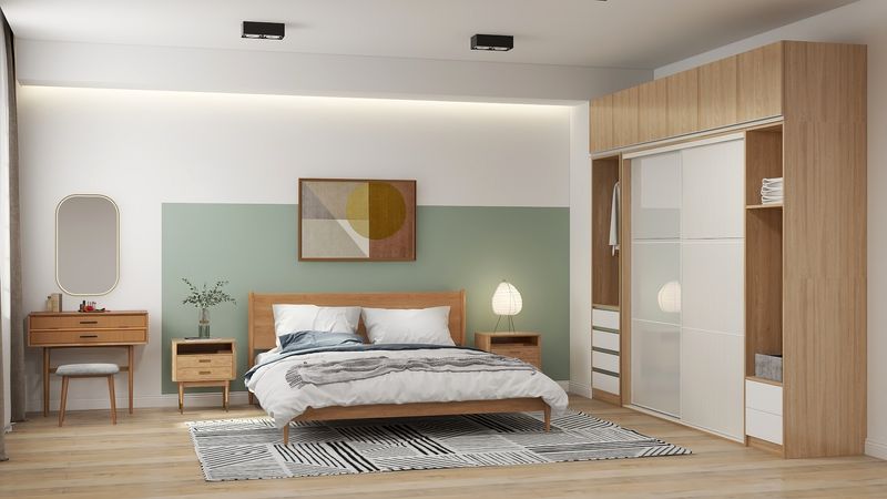 Minimalist Wood Tone Grey Bedroom Design
