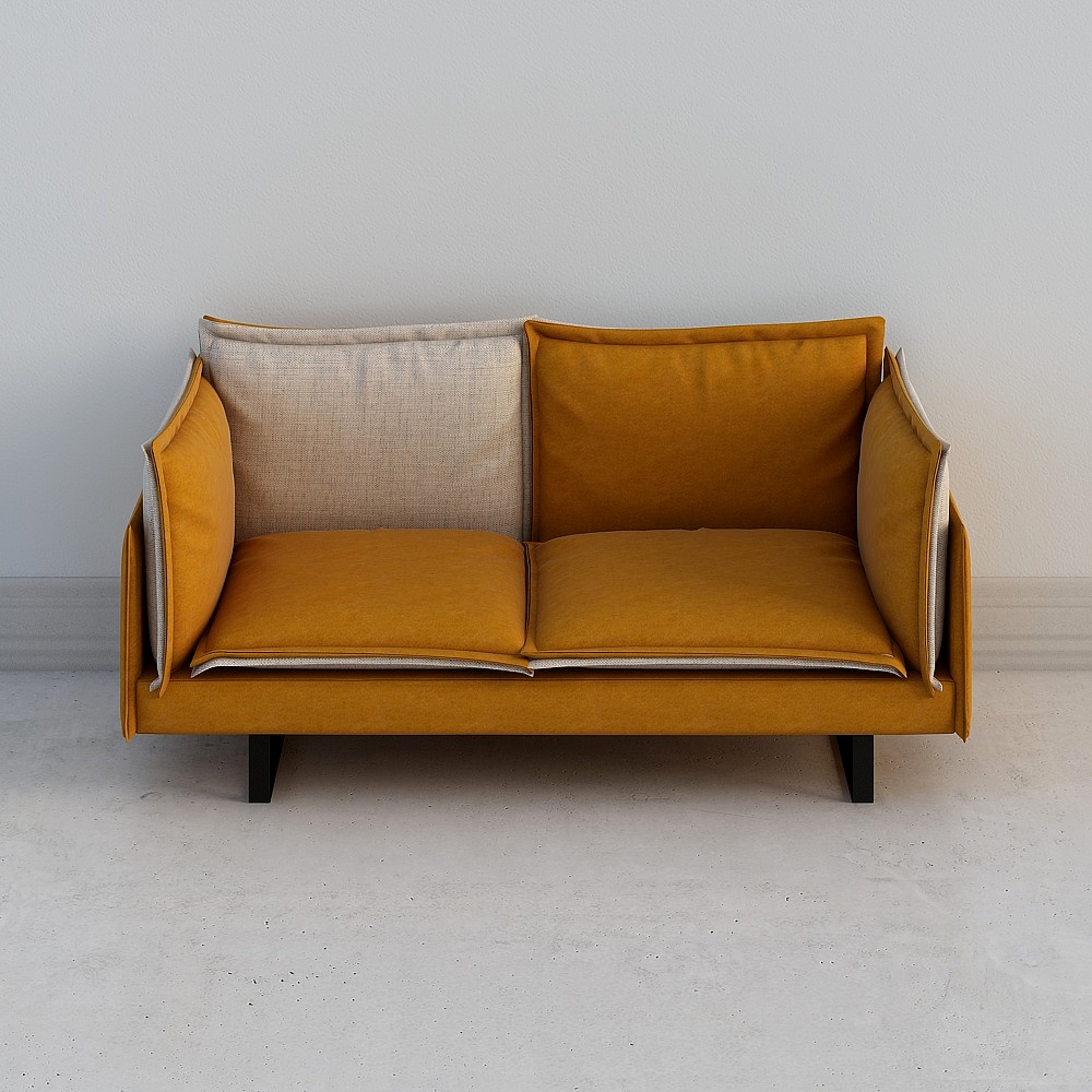 Modern two seat sofa with yellow and beige fabric cushions and black legs on grey background