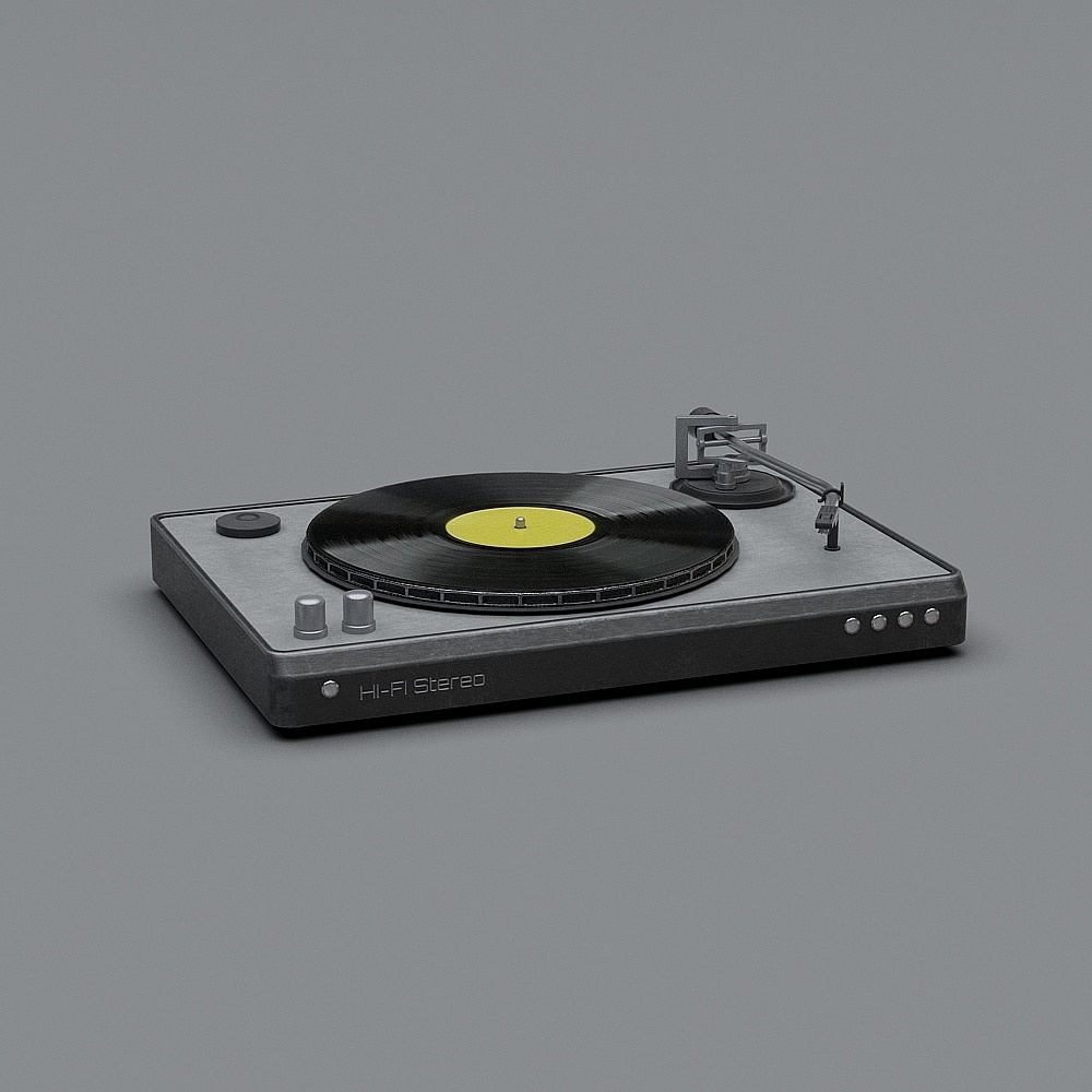 Modern grey record player with black vinyl disc and yellow label on grey background