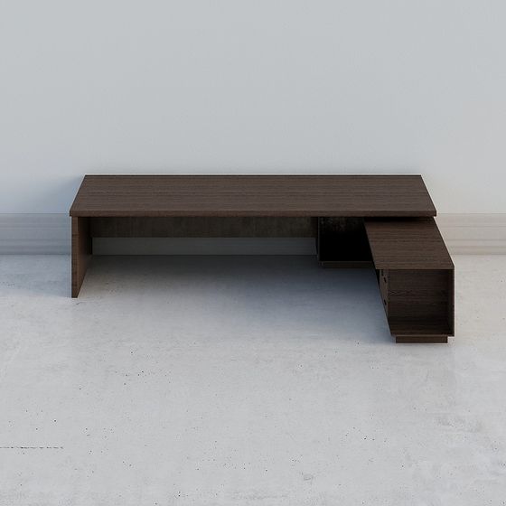 Modern dark brown wood office desk with L shape and storage on white background